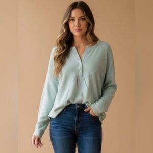 Perch by Blu Pepper Mint Green Waffle Knit Long Sleeve Top Size Size 1X